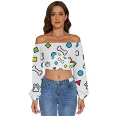 Dog Paw Seamless Pattern Footprint Bone Long Sleeve Crinkled Weave Crop Top by Salman4z