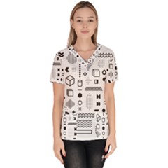 Pattern Hipster Abstract Form Geometric Line Variety Shapes Polkadots Fashion Style Seamless Women s V-neck Scrub Top by Salman4z