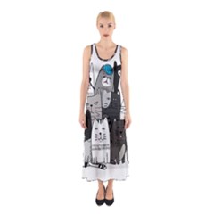 Cute Cat Hand Drawn Cartoon Style Sleeveless Maxi Dress by Salman4z