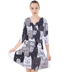 Cute Cat Hand Drawn Cartoon Style Quarter Sleeve Front Wrap Dress by Salman4z