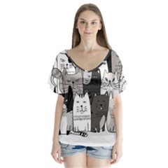 Cute Cat Hand Drawn Cartoon Style V-neck Flutter Sleeve Top by Salman4z