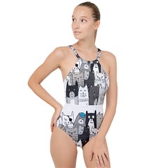 Cute Cat Hand Drawn Cartoon Style High Neck One Piece Swimsuit by Salman4z