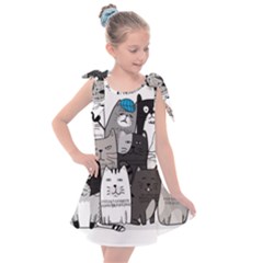 Cute Cat Hand Drawn Cartoon Style Kids  Tie Up Tunic Dress by Salman4z