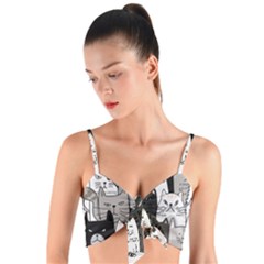 Cute Cat Hand Drawn Cartoon Style Woven Tie Front Bralet