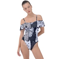 Cute Cat Hand Drawn Cartoon Style Frill Detail One Piece Swimsuit by Salman4z