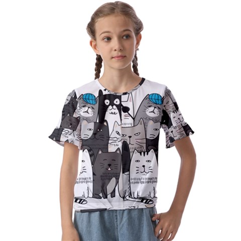 Cute Cat Hand Drawn Cartoon Style Kids  Cuff Sleeve Scrunch Bottom Tee by Salman4z