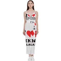 I Love Pina Colada V-neck Spaghetti Strap Tie Front Jumpsuit by ilovewhateva