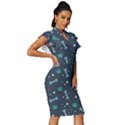 Bons Foot Prints Pattern Background Vintage Frill Sleeve V-Neck Bodycon Dress View3