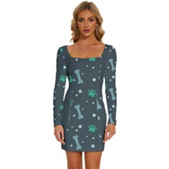 Bons Foot Prints Pattern Background Long Sleeve Square Neck Bodycon Velvet Dress by Salman4z