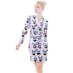 Playing Panda Cartoon Button Long Sleeve Dress by Salman4z