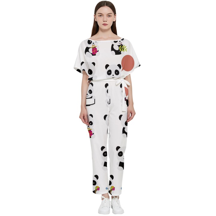 Playing Panda Cartoon Batwing Lightweight Chiffon Jumpsuit