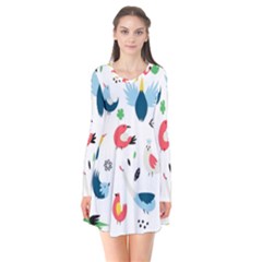 Vector Set Isolates With Cute Birds Scandinavian Style Long Sleeve V-neck Flare Dress by Salman4z