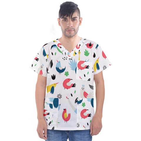 Vector Set Isolates With Cute Birds Scandinavian Style Men s V-neck Scrub Top by Salman4z