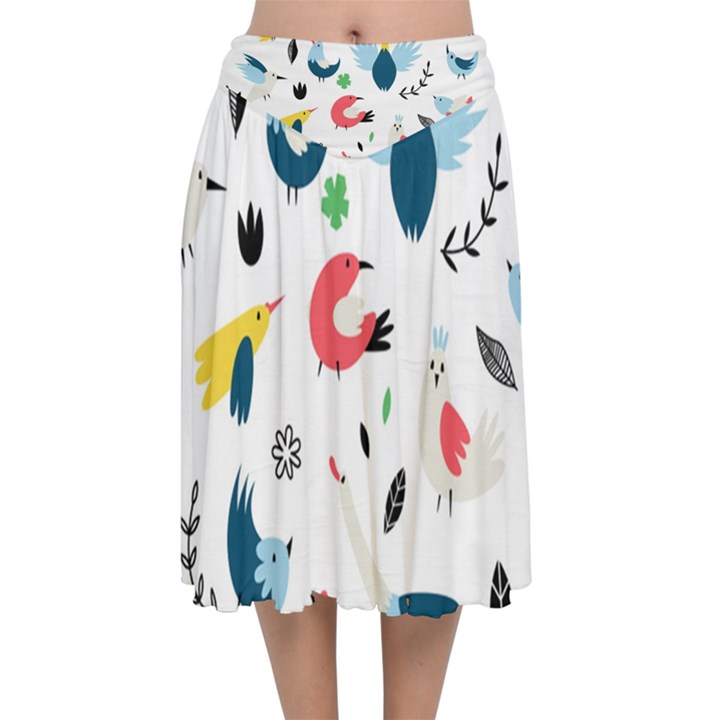 Vector Set Isolates With Cute Birds Scandinavian Style Velvet Flared Midi Skirt