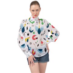 Vector Set Isolates With Cute Birds Scandinavian Style High Neck Long Sleeve Chiffon Top by Salman4z