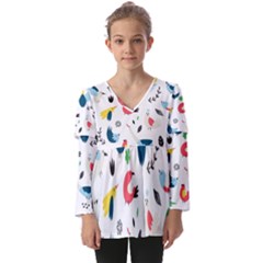 Vector Set Isolates With Cute Birds Scandinavian Style Kids  V Neck Casual Top by Salman4z