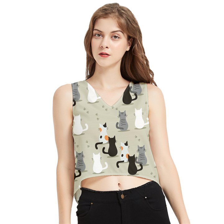 Cute Cat Seamless Pattern V-Neck Cropped Tank Top