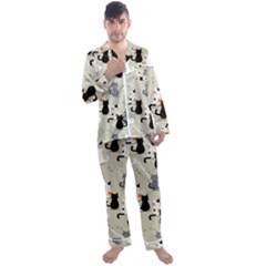 Cute Cat Seamless Pattern Men s Long Sleeve Satin Pajamas Set by Salman4z