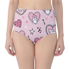 Cartoon Cute Valentines Day Doodle Heart Love Flower Seamless Pattern Vector Classic High-waist Bikini Bottoms by Salman4z