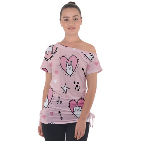 Cartoon Cute Valentines Day Doodle Heart Love Flower Seamless Pattern Vector Off Shoulder Tie-up Tee by Salman4z