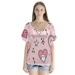 Cartoon Cute Valentines Day Doodle Heart Love Flower Seamless Pattern Vector V-neck Flutter Sleeve Top by Salman4z