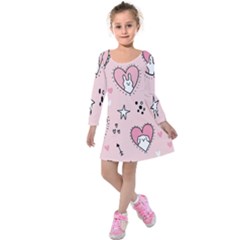 Cartoon Cute Valentines Day Doodle Heart Love Flower Seamless Pattern Vector Kids  Long Sleeve Velvet Dress by Salman4z