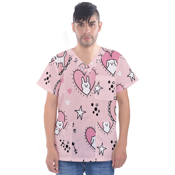 Cartoon Cute Valentines Day Doodle Heart Love Flower Seamless Pattern Vector Men s V-Neck Scrub Top