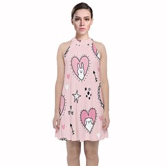 Cartoon Cute Valentines Day Doodle Heart Love Flower Seamless Pattern Vector Velvet Halter Neckline Dress  by Salman4z