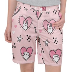 Cartoon Cute Valentines Day Doodle Heart Love Flower Seamless Pattern Vector Women s Pocket Shorts