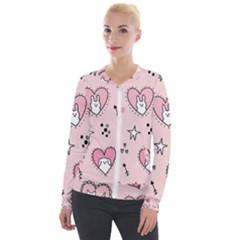 Cartoon Cute Valentines Day Doodle Heart Love Flower Seamless Pattern Vector Velvet Zip Up Jacket by Salman4z