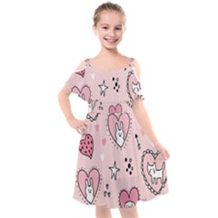 Cartoon Cute Valentines Day Doodle Heart Love Flower Seamless Pattern Vector Kids  Cut Out Shoulders Chiffon Dress by Salman4z