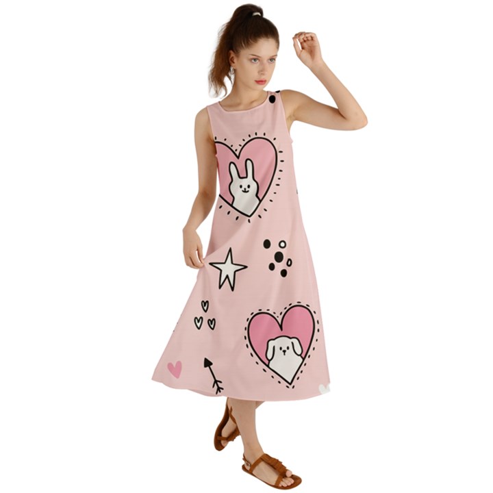 Cartoon Cute Valentines Day Doodle Heart Love Flower Seamless Pattern Vector Summer Maxi Dress