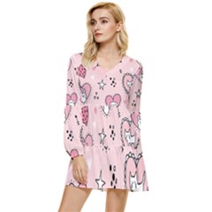 Cartoon Cute Valentines Day Doodle Heart Love Flower Seamless Pattern Vector Tiered Long Sleeve Mini Dress by Salman4z