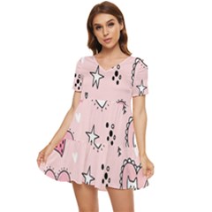 Cartoon Cute Valentines Day Doodle Heart Love Flower Seamless Pattern Vector Tiered Short Sleeve Babydoll Dress by Salman4z