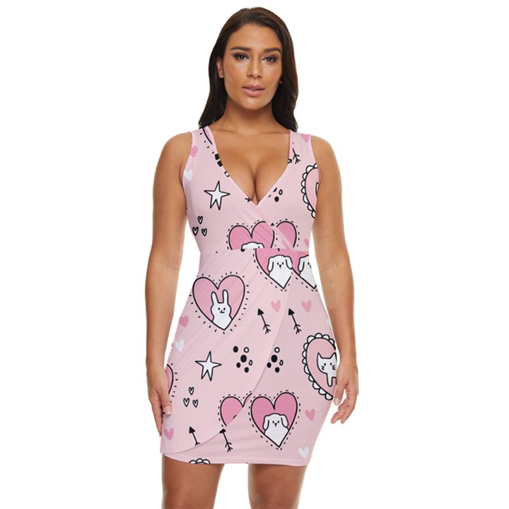 Cartoon Cute Valentines Day Doodle Heart Love Flower Seamless Pattern Vector Draped Bodycon Dress