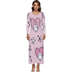 Cartoon Cute Valentines Day Doodle Heart Love Flower Seamless Pattern Vector Long Sleeve Longline Maxi Dress by Salman4z