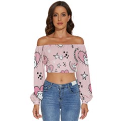 Cartoon Cute Valentines Day Doodle Heart Love Flower Seamless Pattern Vector Long Sleeve Crinkled Weave Crop Top by Salman4z