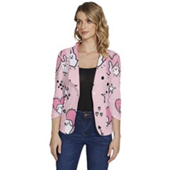 Cartoon Cute Valentines Day Doodle Heart Love Flower Seamless Pattern Vector Women s One-button 3/4 Sleeve Short Jacket by Salman4z