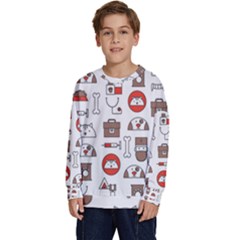 Vector Thin Line Art Vet Seamless Pattern Kids  Long Sleeve Jersey by Salman4z