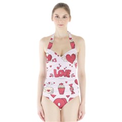 Hand Drawn Valentines Day Element Collection Halter Swimsuit by Salman4z