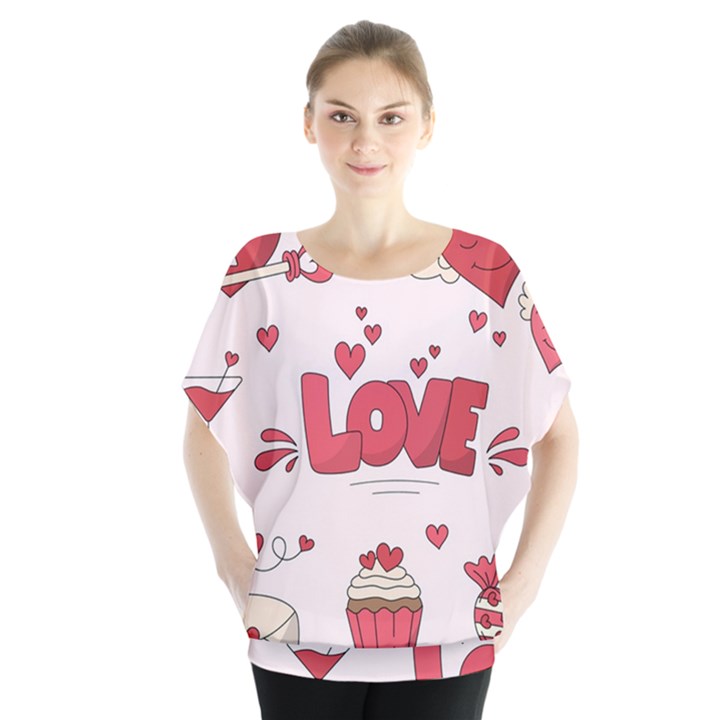 Hand Drawn Valentines Day Element Collection Batwing Chiffon Blouse