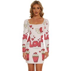 Hand Drawn Valentines Day Element Collection Long Sleeve Square Neck Bodycon Velvet Dress by Salman4z