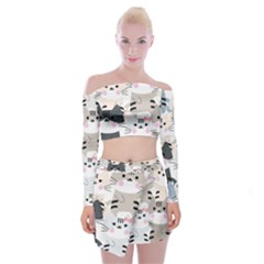 Cute Cat Couple Seamless Pattern Cartoon Off Shoulder Top With Mini Skirt Set by Salman4z