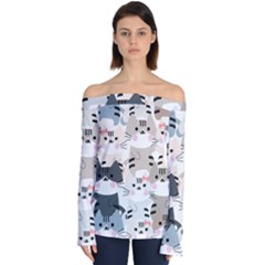 Cute Cat Couple Seamless Pattern Cartoon Off Shoulder Long Sleeve Top by Salman4z