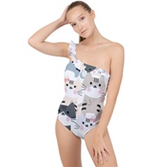 Cute Cat Couple Seamless Pattern Cartoon Frilly One Shoulder Swimsuit by Salman4z