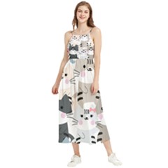 Cute Cat Couple Seamless Pattern Cartoon Boho Sleeveless Summer Dress