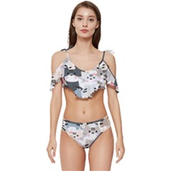 Cute Cat Couple Seamless Pattern Cartoon Ruffle Edge Tie Up Bikini Set	 by Salman4z