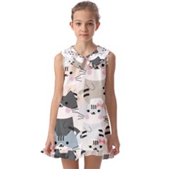 Cute Cat Couple Seamless Pattern Cartoon Kids  Pilgrim Collar Ruffle Hem Dress by Salman4z