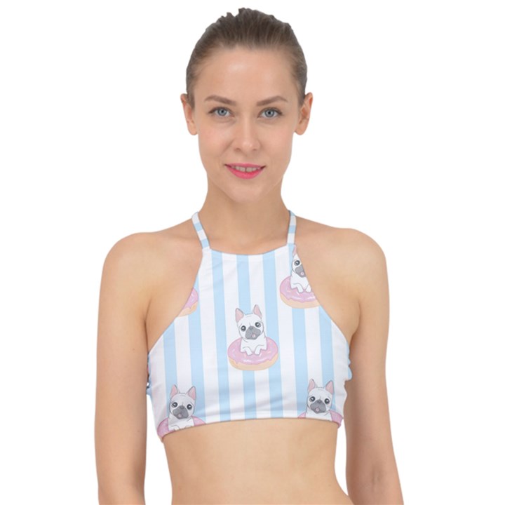 French Bulldog Dog Seamless Pattern Racer Front Bikini Top