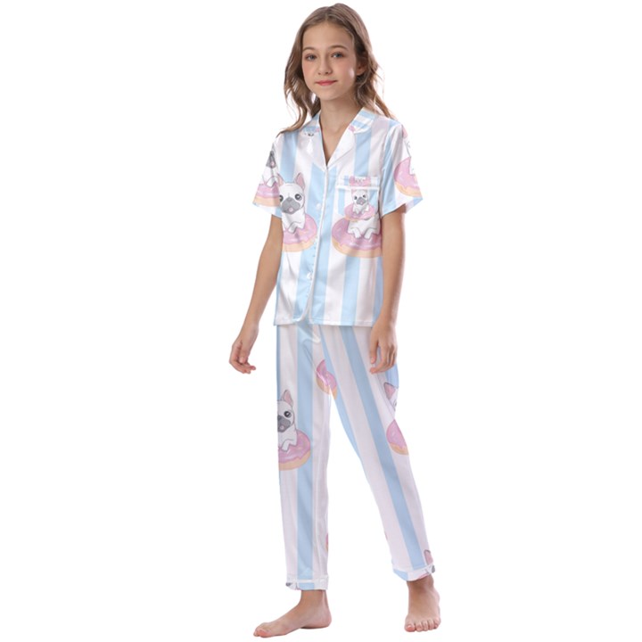 French Bulldog Dog Seamless Pattern Kids  Satin Short Sleeve Pajamas Set